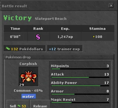The victory window: rank S, and a Spheal caught, with its genes and stats